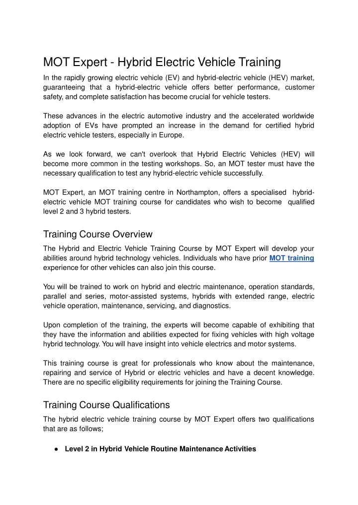 mot expert hybrid electric vehicle training