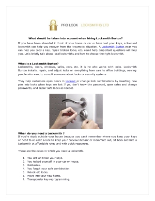 What should be taken into account when hiring Locksmith Burton