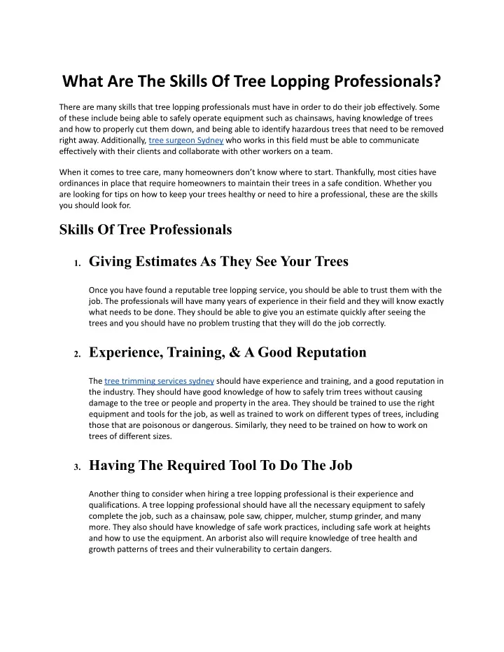 what are the skills of tree lopping professionals