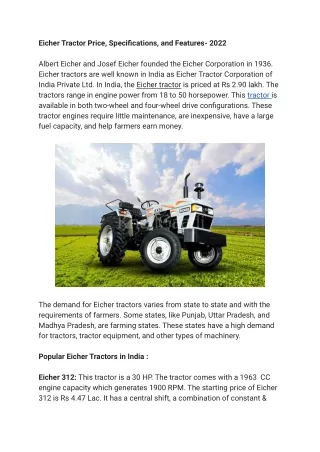 eicher tractor price specifications and features