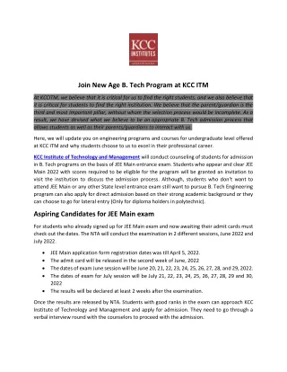 Join New Age B. Tech Program at KCC ITM - Press Release