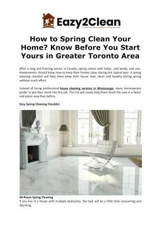 How to Spring Clean Your Home- Know Before You Start Yours in Greater Toronto Area