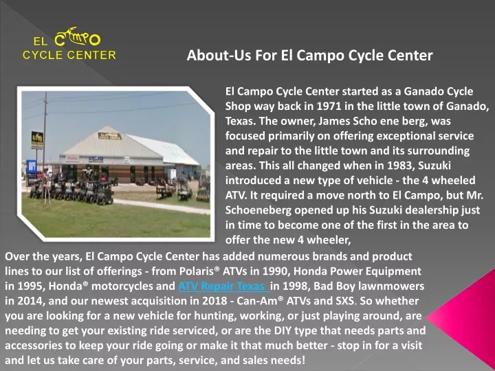 about us for el campo cycle center