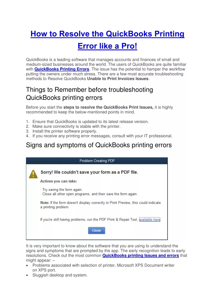 how to resolve the quickbooks printing error like
