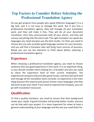 Top factors to consider before selecting the professional translation agency