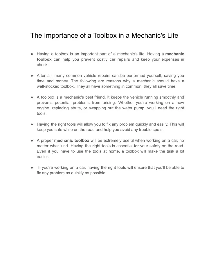 the importance of a toolbox in a mechanic s life