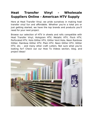Heat Transfer Vinyl - Wholesale Suppliers Online - American HTV Supply