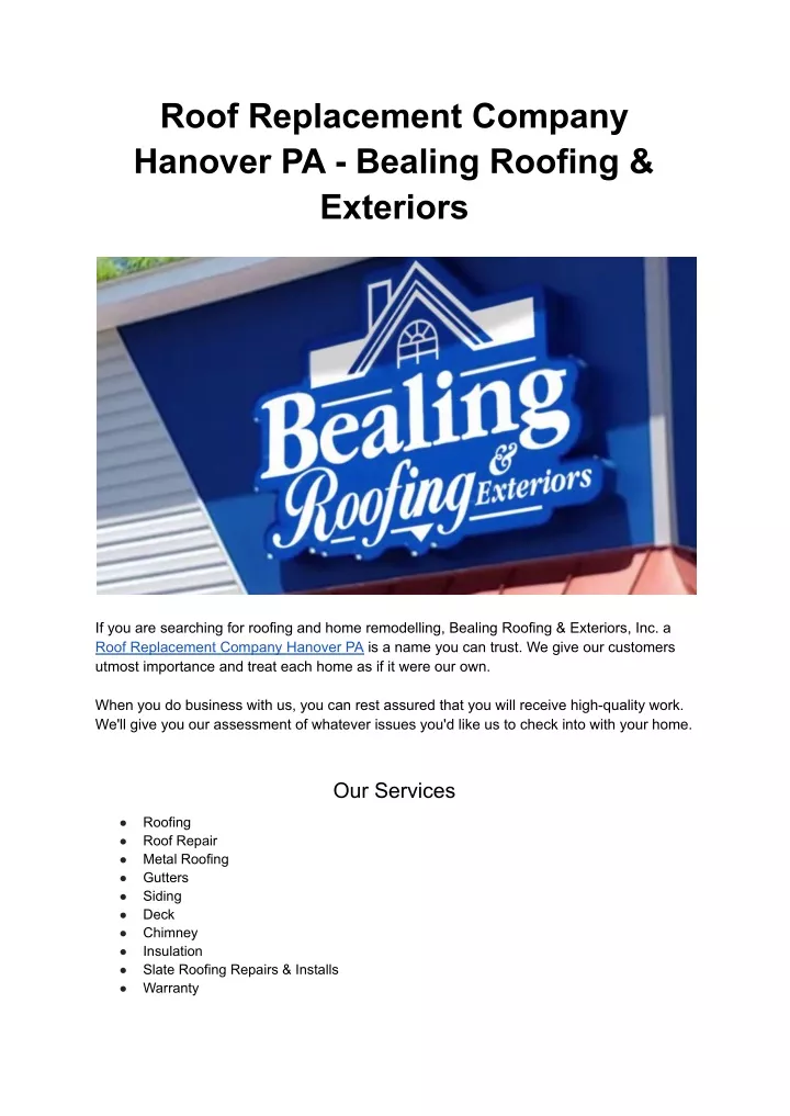roof replacement company hanover pa bealing