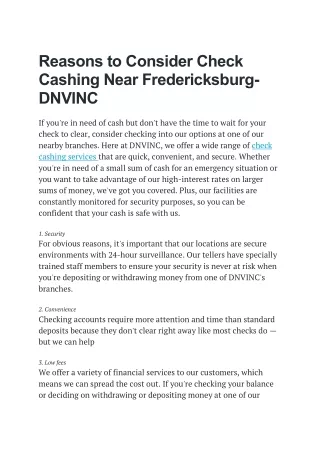 Reasons to Consider Check Cashing Near Fredericksburg- DNVINC