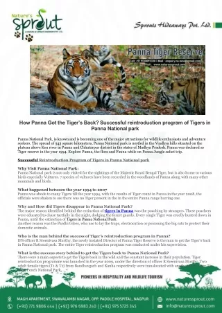 How Panna Got the Tiger’s Back Successful reintroduction program of Tigers in Panna National park