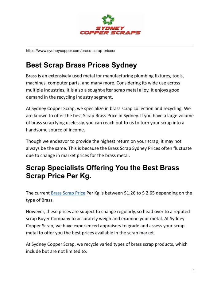 https www sydneycopper com brass scrap prices