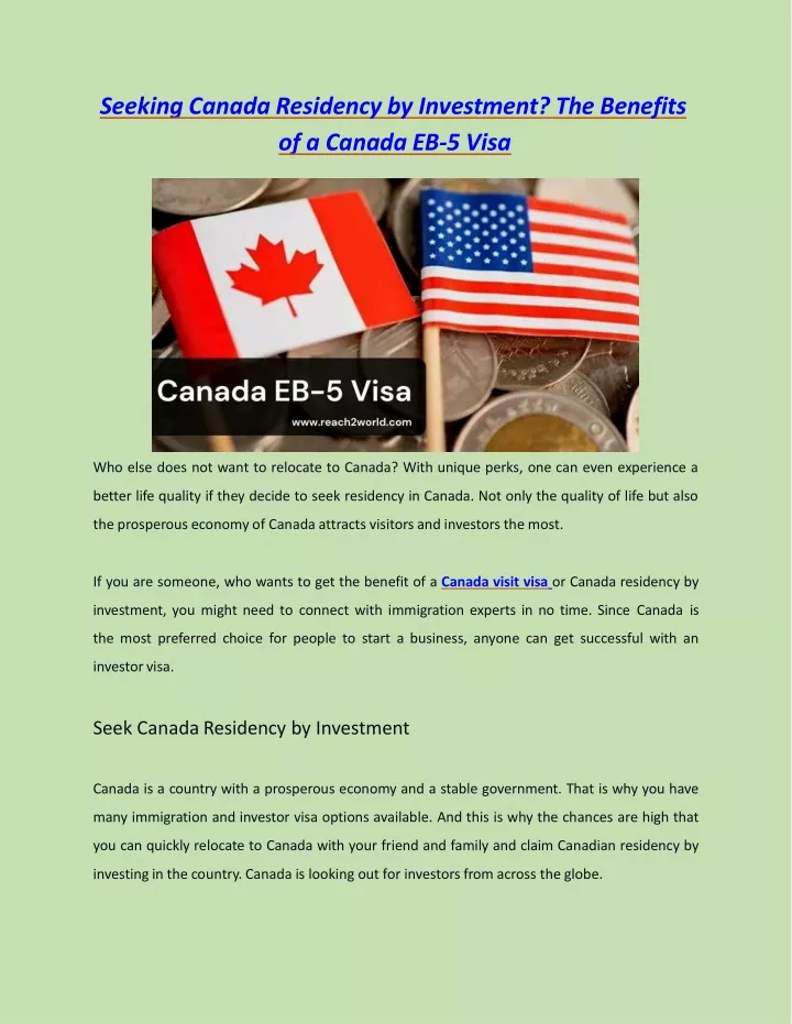 seeking canada residency by investment