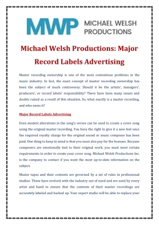 Michael Welsh Productions Major Record Labels Advertising