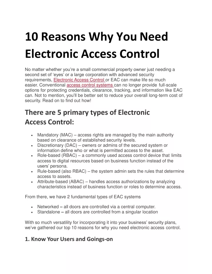 10 reasons why you need electronic access control