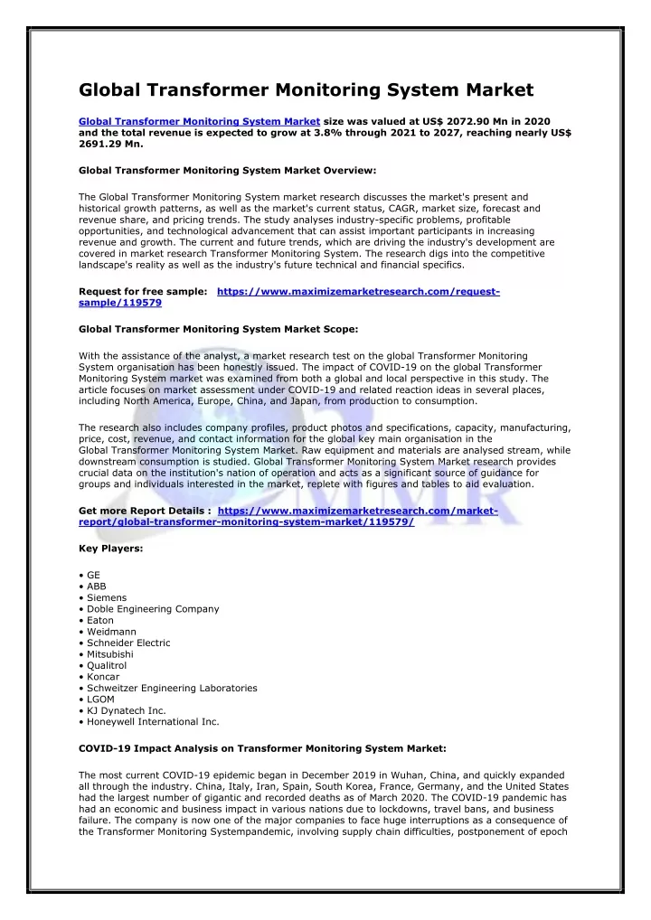 global transformer monitoring system market