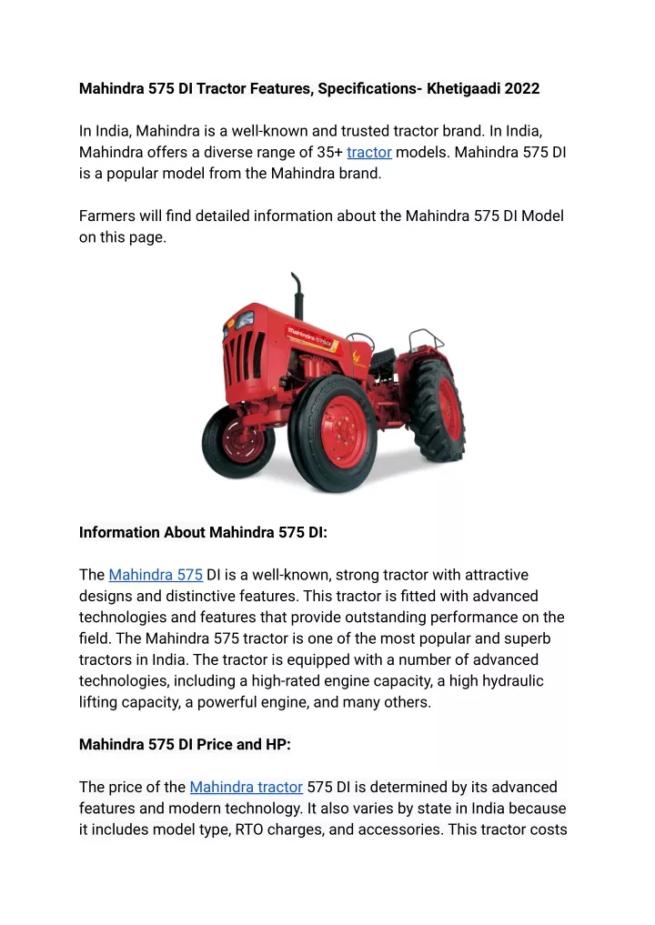 mahindra 575 di tractor features specifications