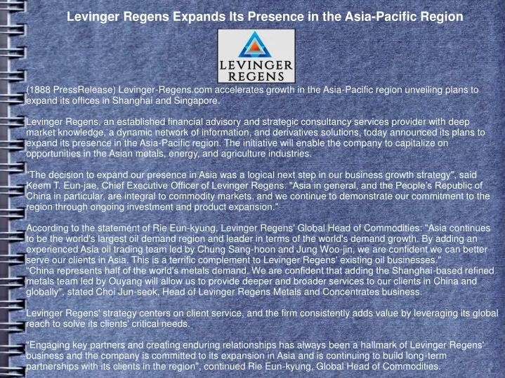 levinger regens expands its presence in the asia
