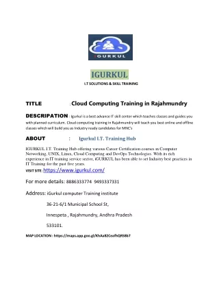 Cloud Computing Training in Rajahmundry