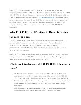 what is ISO 45001 Certification in Oman? Benefits of ISO 45001 certification?