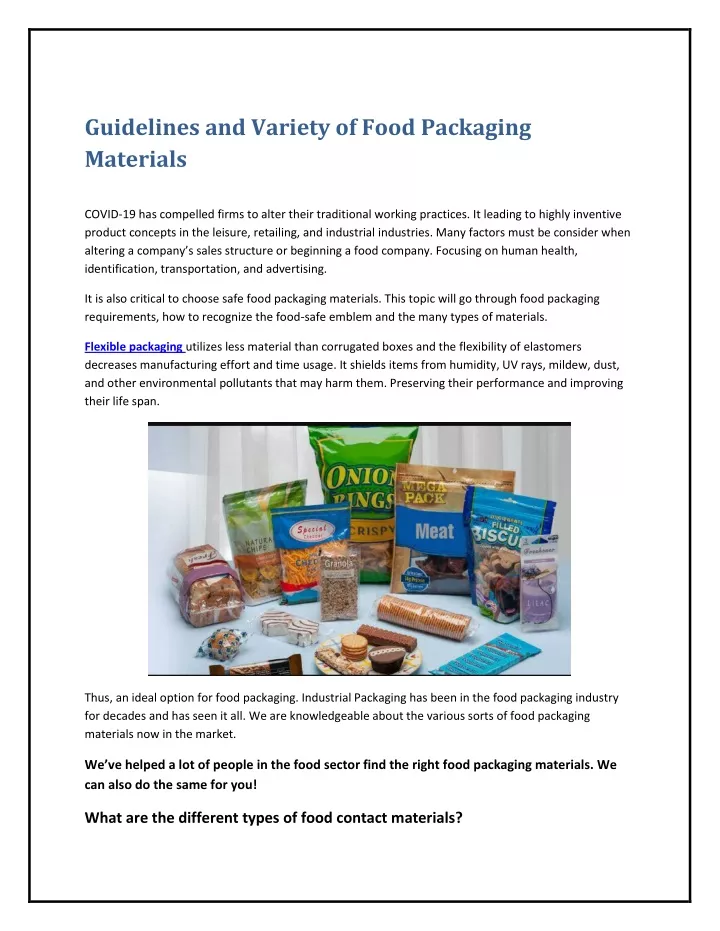 guidelines and variety of food packaging materials