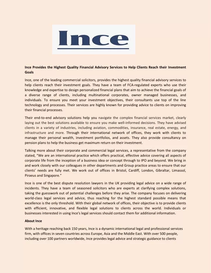 ince provides the highest quality financial