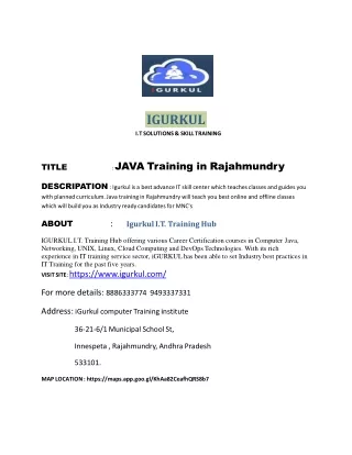 JAVA Training in Rajahmundry