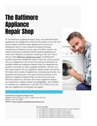 Baltimore appliances repair - The Baltimore Appliance Repair Shop (410) 237-8069