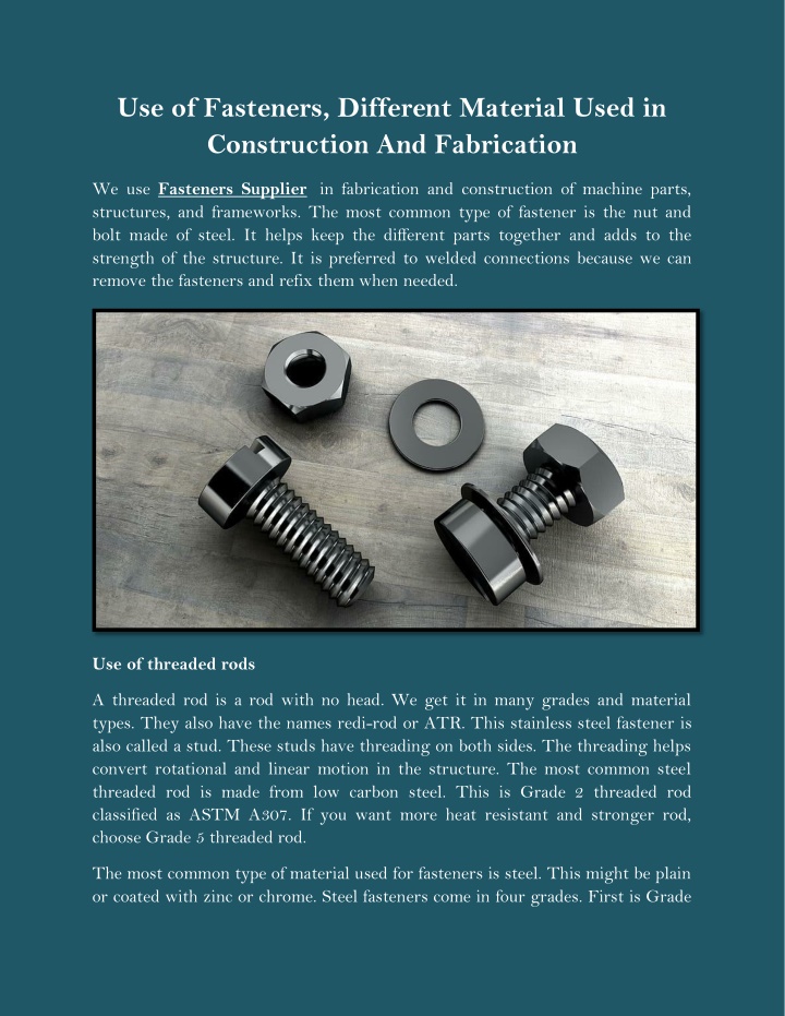 use of fasteners different material used