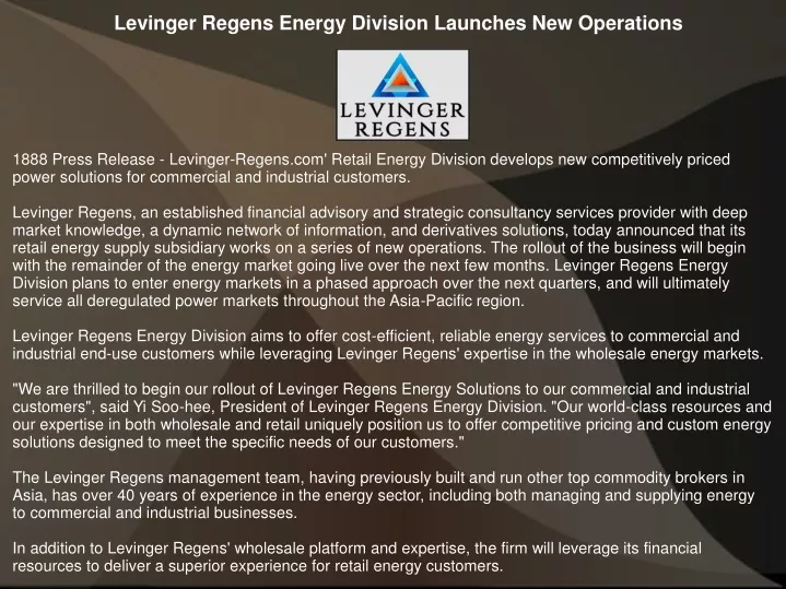 levinger regens energy division launches