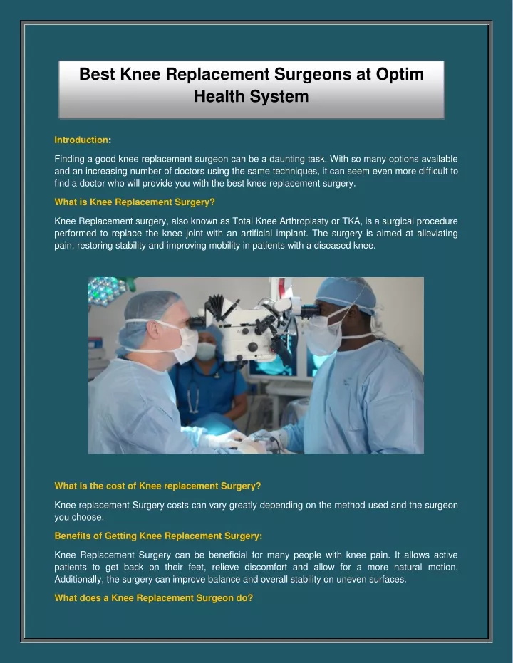 best knee replacement surgeons at optim health