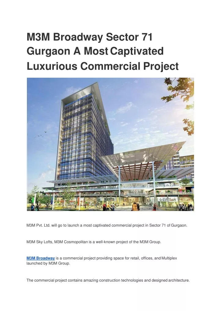 m3m broadway sector 71 gurgaon a most captivated luxurious commercial project