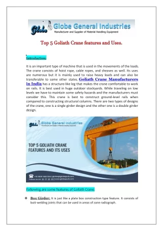 Goliath Crane Manufacturers in India | Globe General Industries