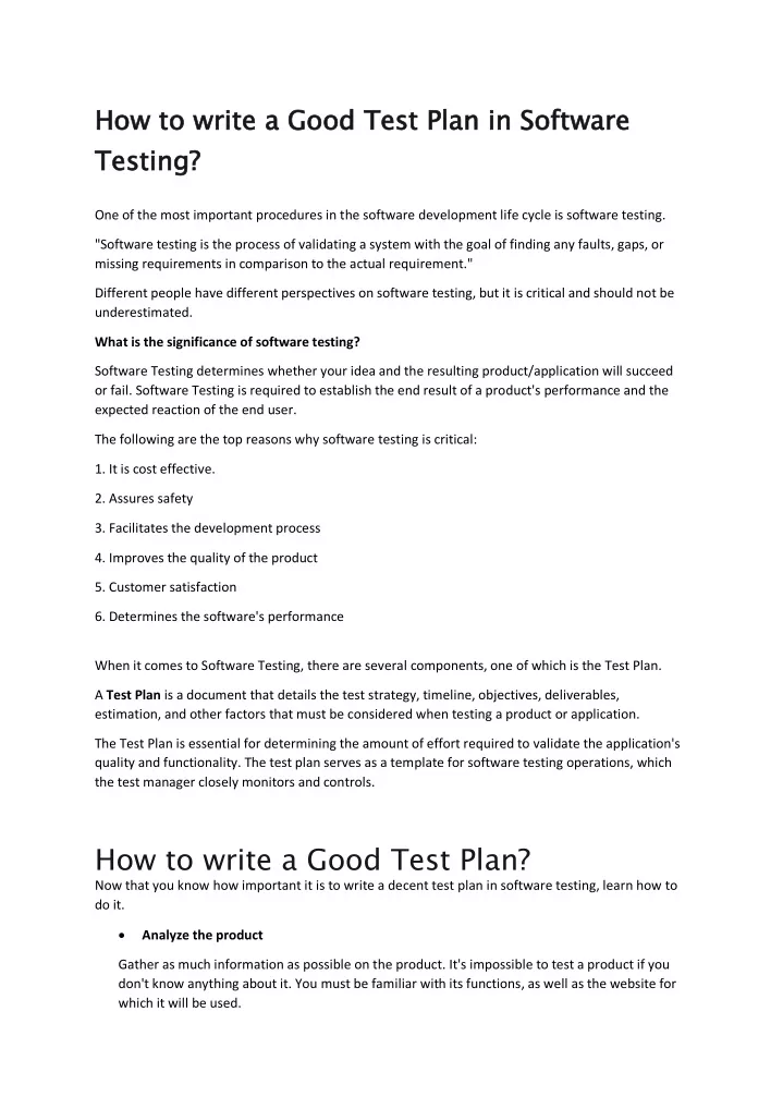 how to write a good test plan in software testing