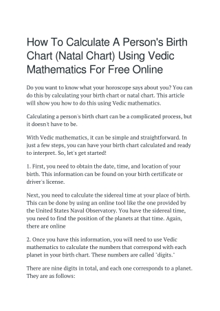 How To Calculate A Person's Birth Chart (Natal Chart) Using Vedic Mathematics For Free Online