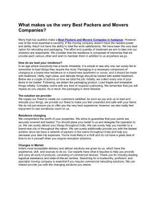 What makes us the very Best Packers and Movers Companies?