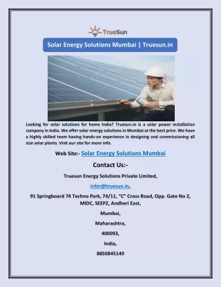 Solar Energy Solutions Mumbai | Truesun.in