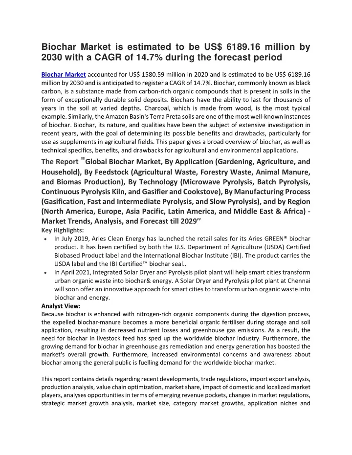 biochar market is estimated to be us 6189