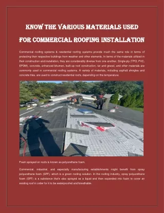 KNOW THE VARIOUS MATERIALS USED FOR COMMERCIAL ROOFING INSTALLATION