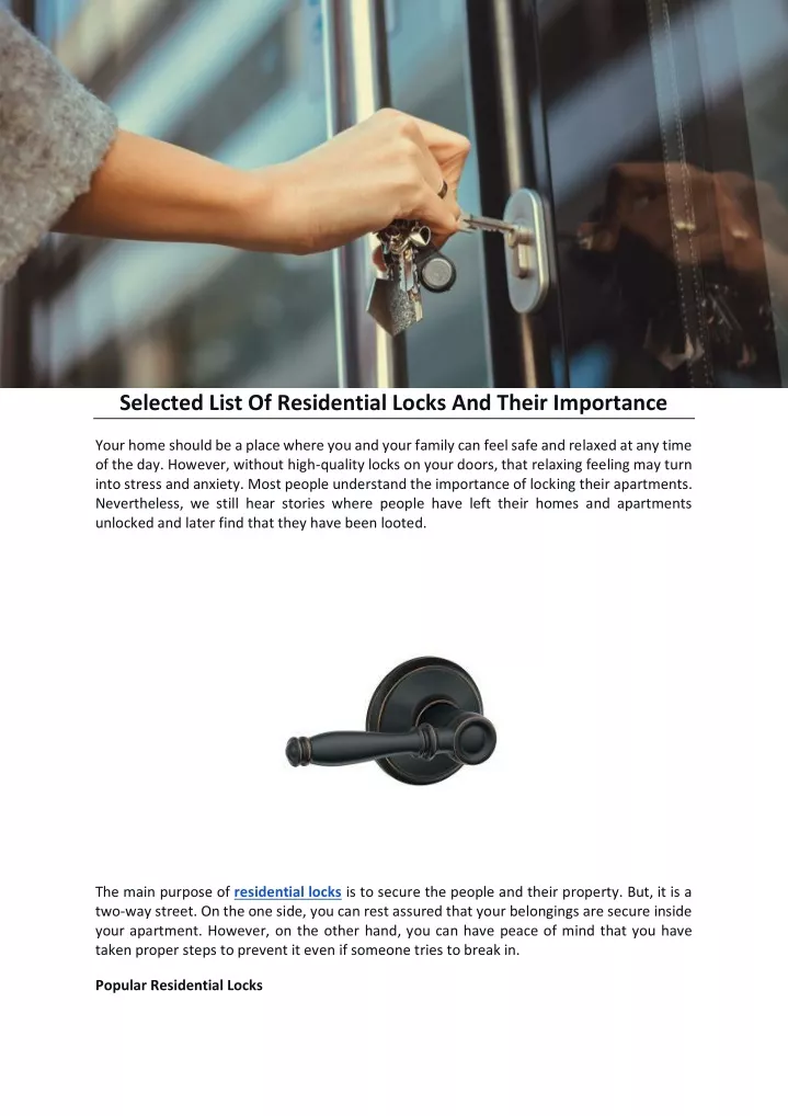 selected list of residential locks and their