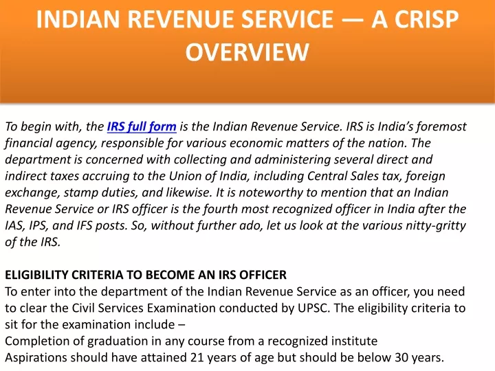 indian revenue service a crisp overview