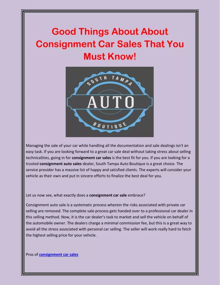 good things about about consignment car sales