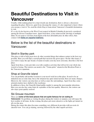 Beautiful Destinations to Visit in Vancouver