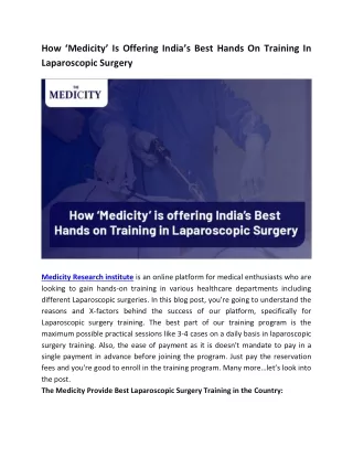 How ‘Medicity’ Is Offering India’s Best Hands On Training In Laparoscopic Surgery