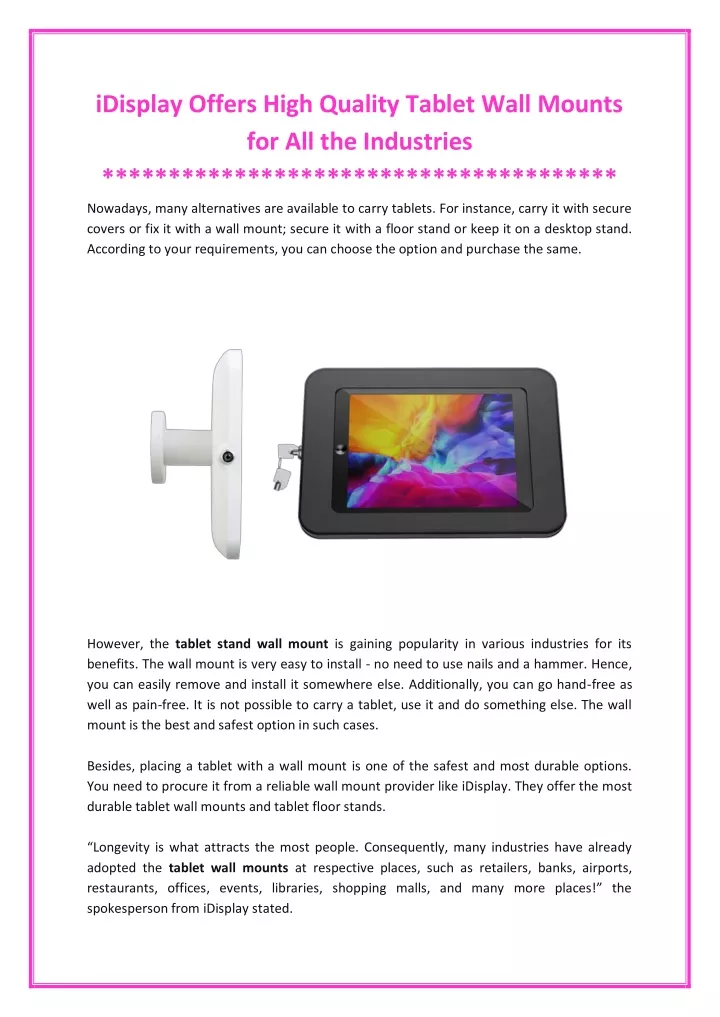 idisplay offers high quality tablet wall mounts