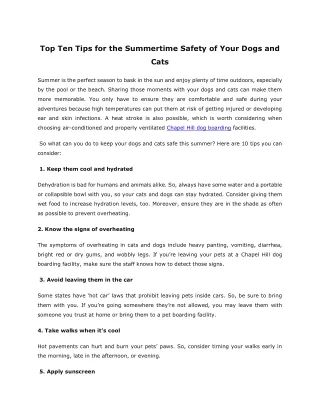Top Ten Tips for the Summertime Safety of Your Dogs and Cats