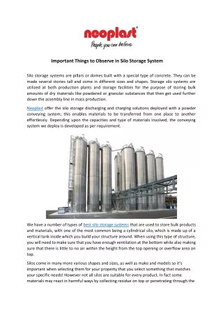 Important Things to Observe in Silo Storage System