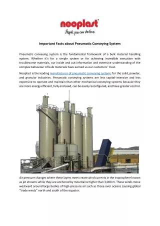 Important Facts about Pneumatic Conveying System