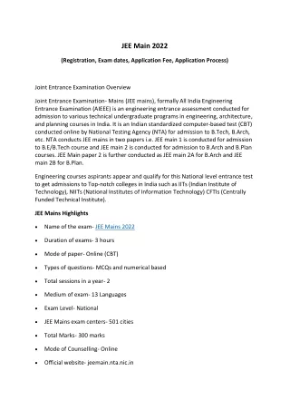 JEE Main 2022 (Registration, Exam dates, Application Fee, Application Process)
