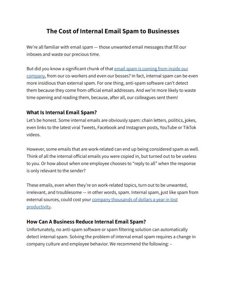 the cost of internal email spam to businesses