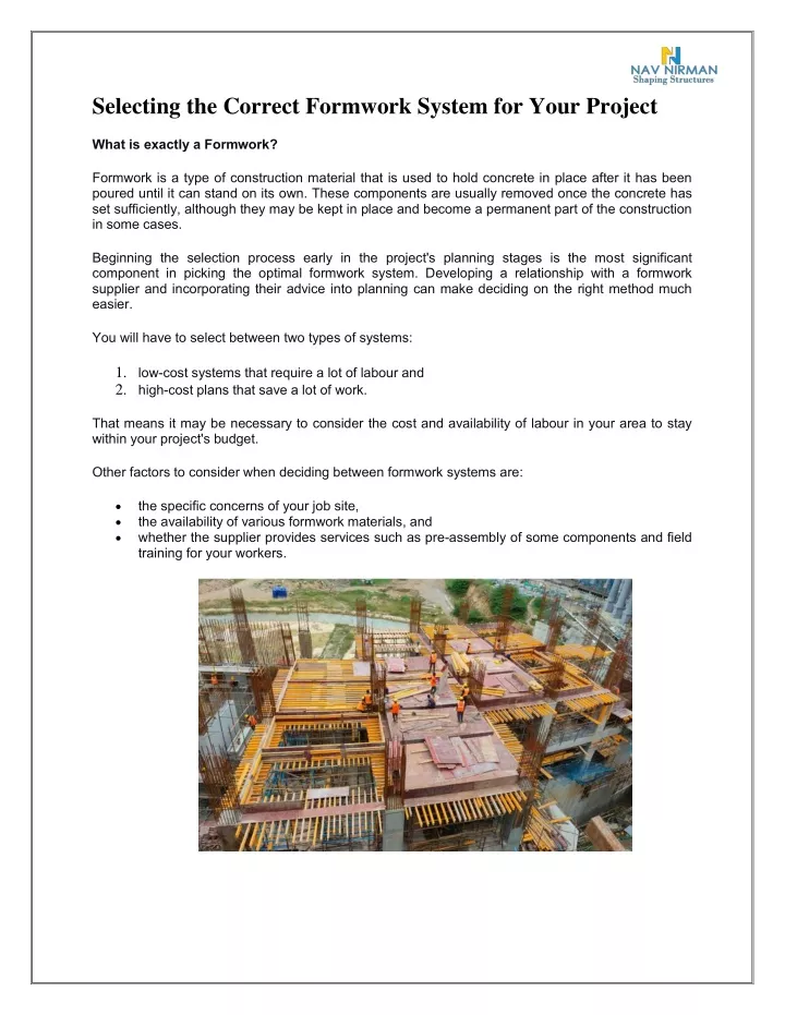 selecting the correct formwork system for your